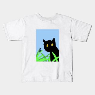 cute black cat and butterfly Kids T-Shirt